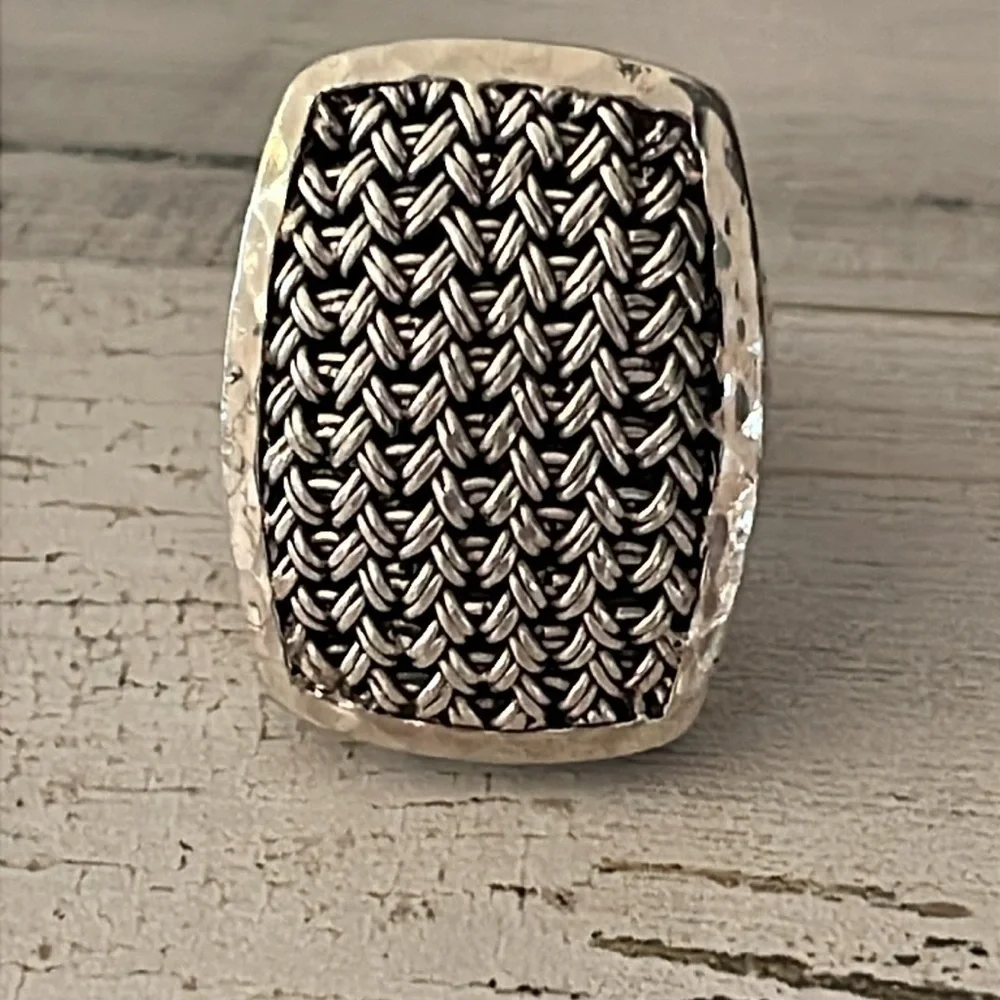 Lois Hill Silver Rectangular Textile Weave Cut-Out Ring.